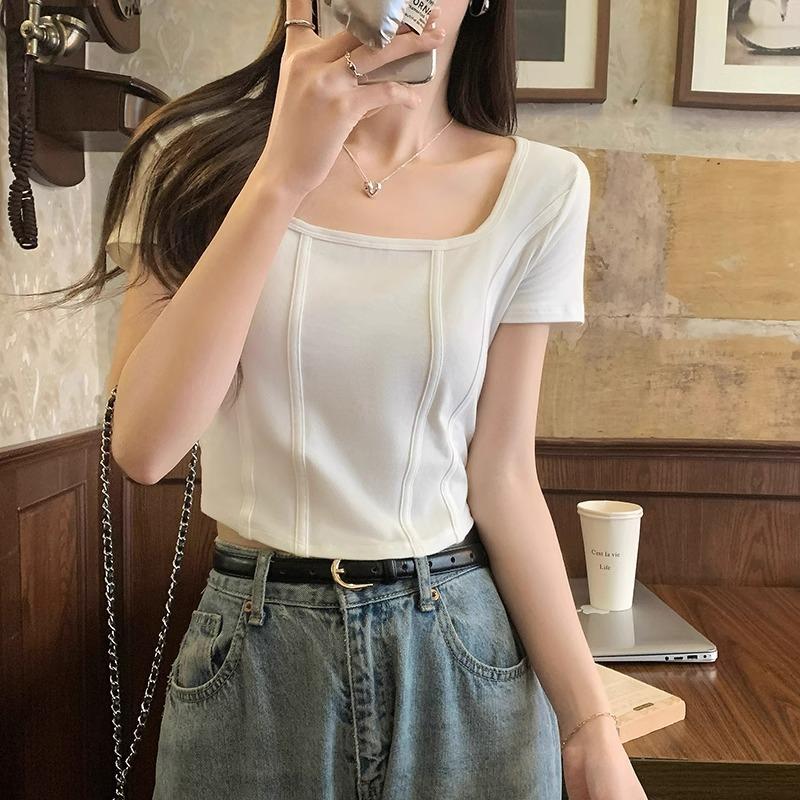 Irregular fishbone slim short t-shirt for women with square neck, right shoulder, pure lust hot girl summer short-sleeved top