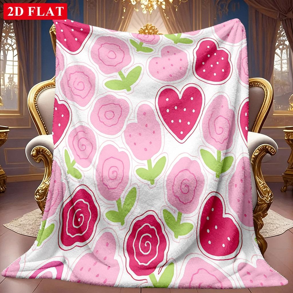 1pc 2D Pink Floral And Heart-Themed Pattern Flannel Blanket, Soft HD Digital Print, Cooling Blanket All-Season Use! Soft And Breathable 100% Polyester