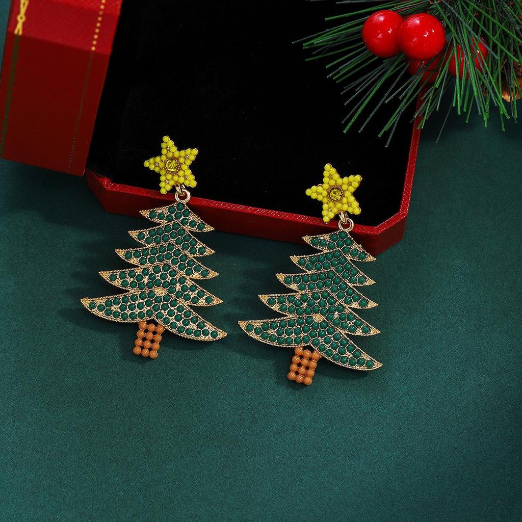 Red Green Star Diamond Christmas Tree Earrings for Women: Creative Color Blocking Drip Oil Design
