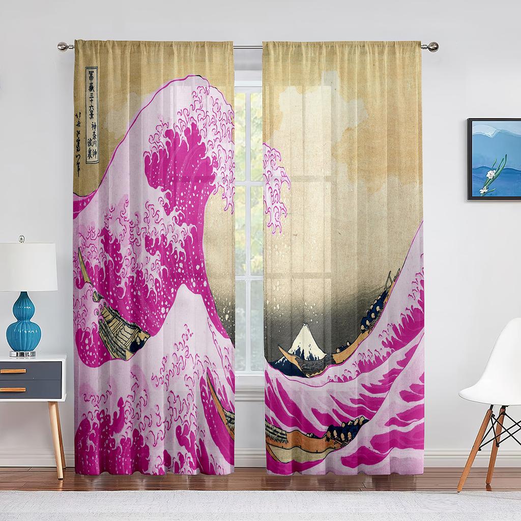 Oriental Culture Hand Drawn Style Japanese Motifs Illustration Wave Tulle Curtains for Living Room Bedroom Sheer Curtain Kitchen