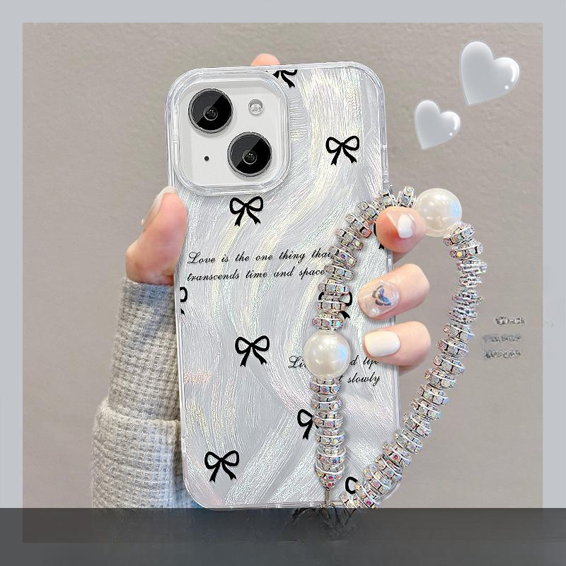 Suitable for Opporeno11 Mobile Phone Case Vivos18 Black Bow Bracket Chain Xiaomi 14 Feather Yarn Large Hole