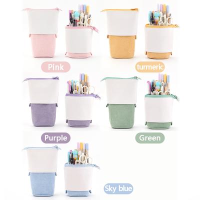 Solid Color PU Corduroy Telescopic Pencil Case Standing Stationery Pencil Holder Colorful Organizer Flexible Pen Bag