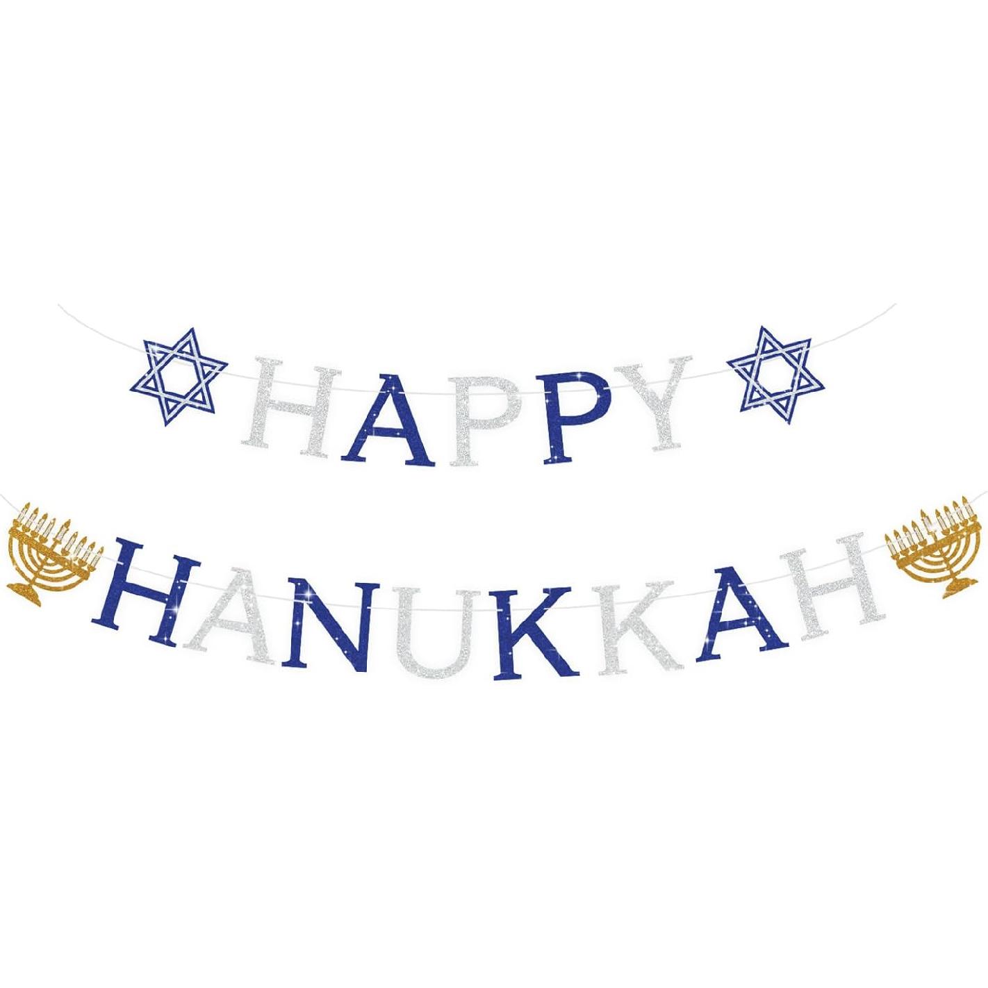 Hanukkah Decorations for Home, Pre-Strung Happy Hanukkah Banner, Glitter Chanukah Party Favors with Candelabrum Hexagram for Chanukah Decor Winter