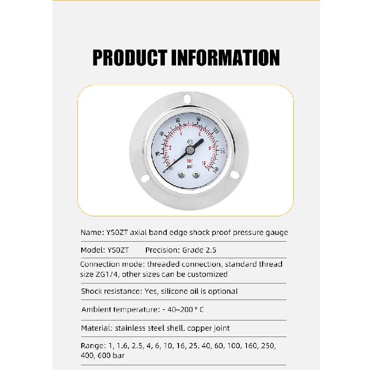 MAIRUIKESI Dry Pressure Gauge 50mm -1-0-600bar Back Connection With Flange 304 Stainless Steel Case for Water Gas Air Manometer