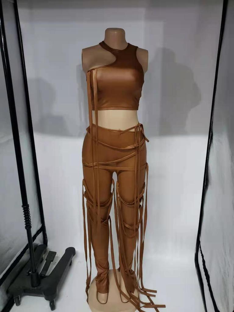 AL154 Women's Sexy Two-Piece Set: Strappy Tank Top & Faux Leather Pants for Nightclub Summer Wear.