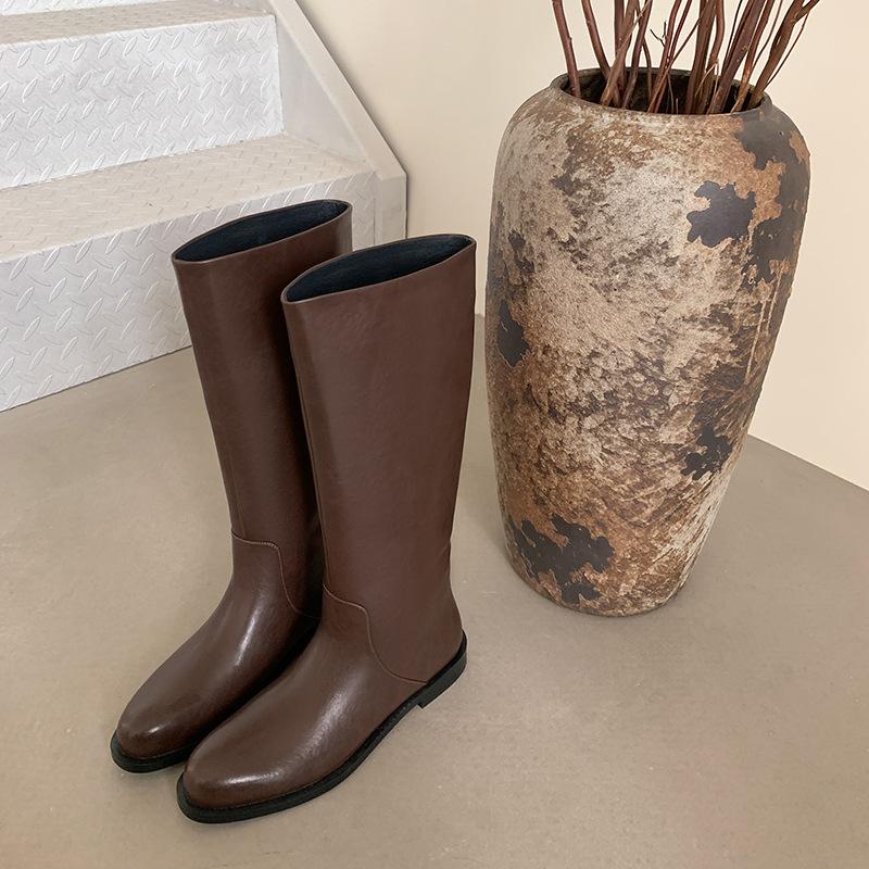 2.5CM European and American Fashion Simple Tall Boots 2025 Autumn and Winter New Round Head Low Heel One Pedal Knight Boots Women