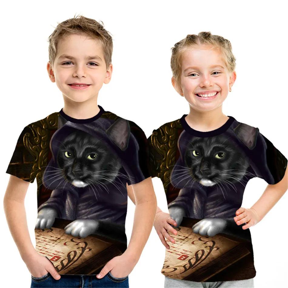 Children's Clothing Boy Girl Short Sleeve Children Summer Clothes 3D Cat Print Lovely Black T-Shirt 2024 Kids Clothes Girl Tops