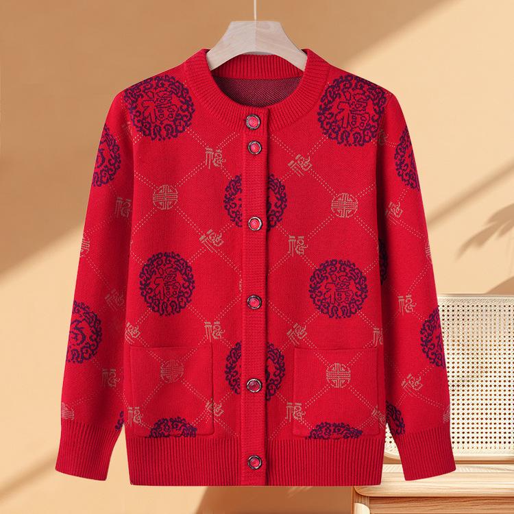 Grandma Autumn Clothes, Blessing Letter Sweater Cardigan Jacket Spring and Autumn Style Female Mother Sweater Top