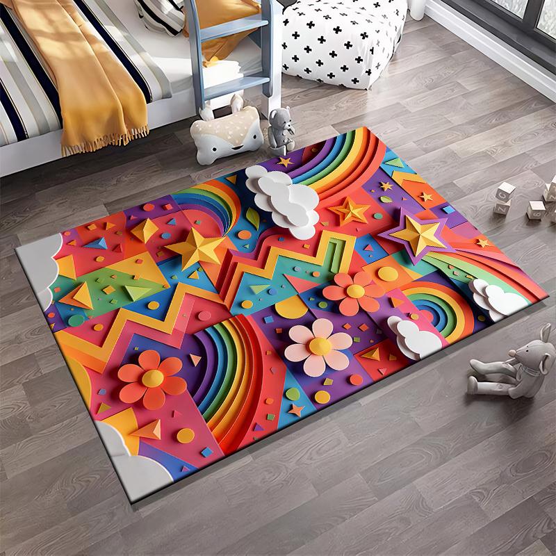 Colorful Cartoon Style Carpet with Rainbow, Stars, and Geometric Pattern Suitable for Use As an Anti-slip for Living Room Bedroom Sofas