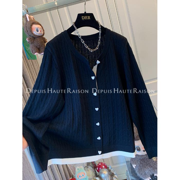 Plus Size Heart Button Cable Knit Color Block Cardigan Sweater, Autumn/Winter 2025 Collection Size 2 (for 100-150 Jin) чёрный