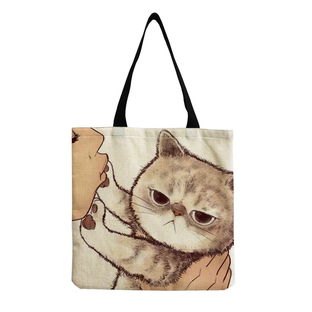 Damen Vintage Leinen-Tragetasche - Große Kapazität Katzen-Print Schulter-Handtasche für Freizeit & Lebensmitteleinkauf KTB