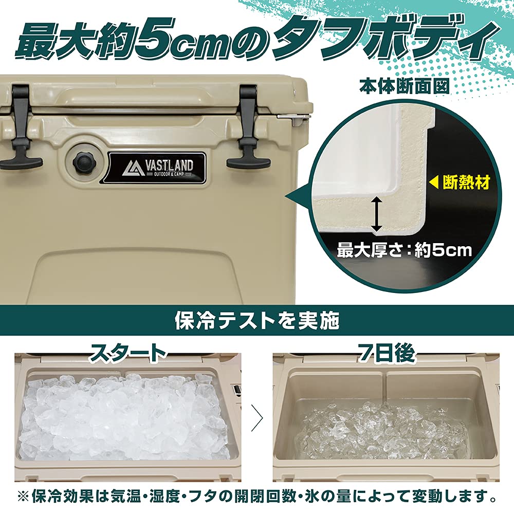 VASTLAND Tough Cooler Box Type Roto Mold Manufacturing Drain Stopper with Bottle Opener Tan T-Hook 33.1L