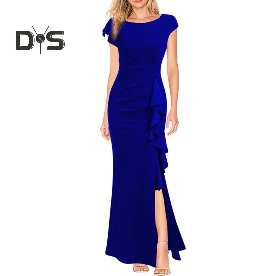 

Женское летнее платье с круглым вырезом и короткими рукавами, платье с высокой талией и боковыми рюшами, декор с разрезом подол, облегающее вечернее платье с запахом бедра XL синий