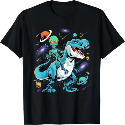 Alien Riding T-Rex Dinosaur In Space UFO T-Shirt