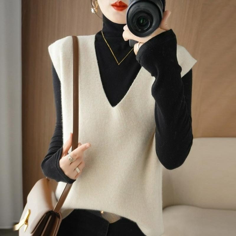 Autumn Women's Knitted Vest Pullover Vest Wool Waistcoat Deep V-neck Loose