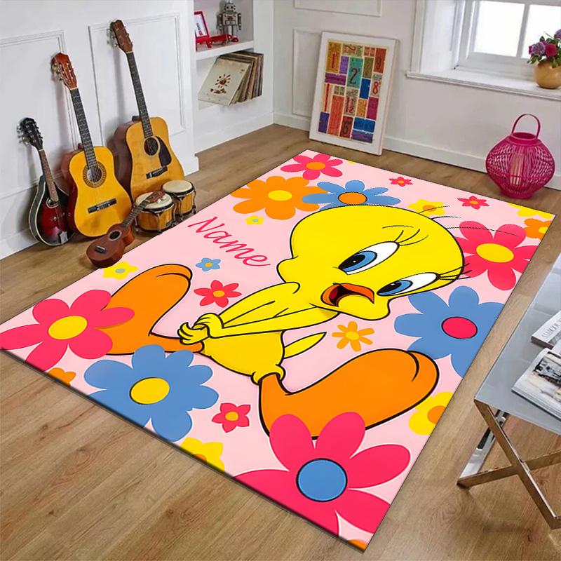 Custom Tweety Mat Personalized Name, Polyester Washable Indoor Entryway Rug, Gift for Christmas, Easter, Thanksgiving Day