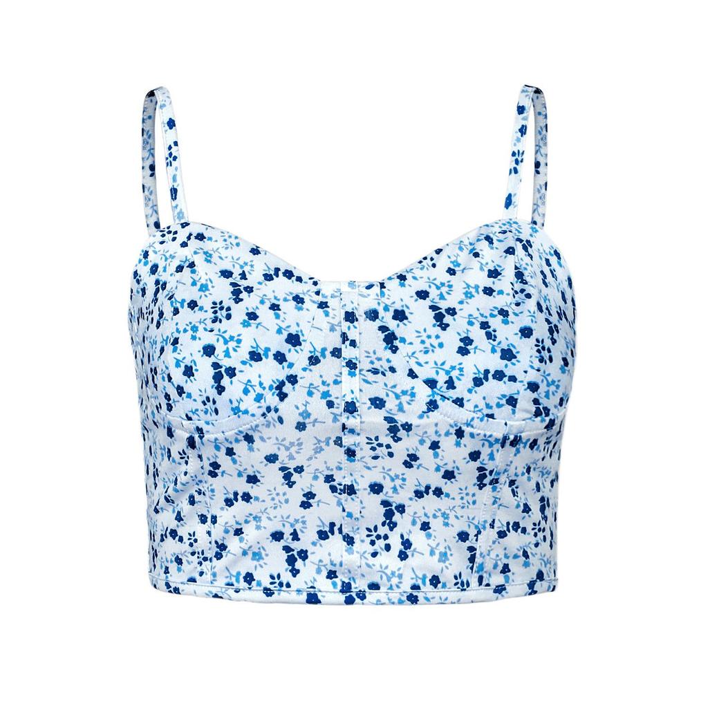 Satin Tank Top Printing Halter Crop Tops Women Summer Adjustable Shoulder Strap Camis Backless Camisole Casual Tube Female Sleeveless Cropped Vest