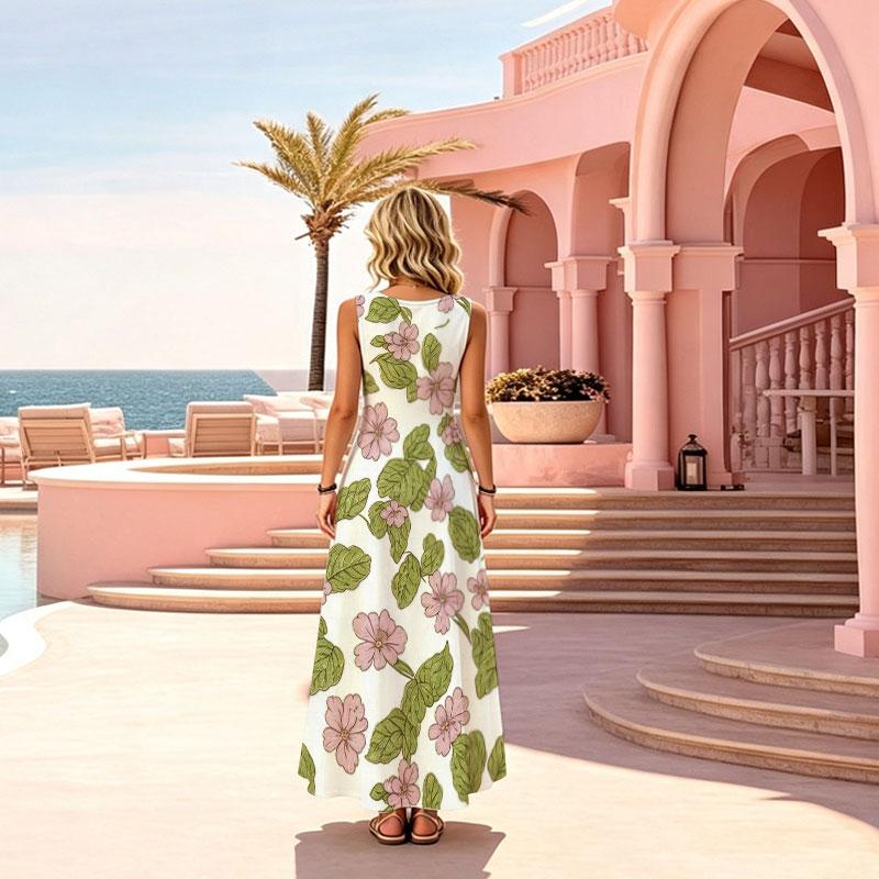 Sleeveless Flowy Beach Maxi Dress,Fresh Lightweight Casual Vacation Dress Flattering Versatile for Travel Photos