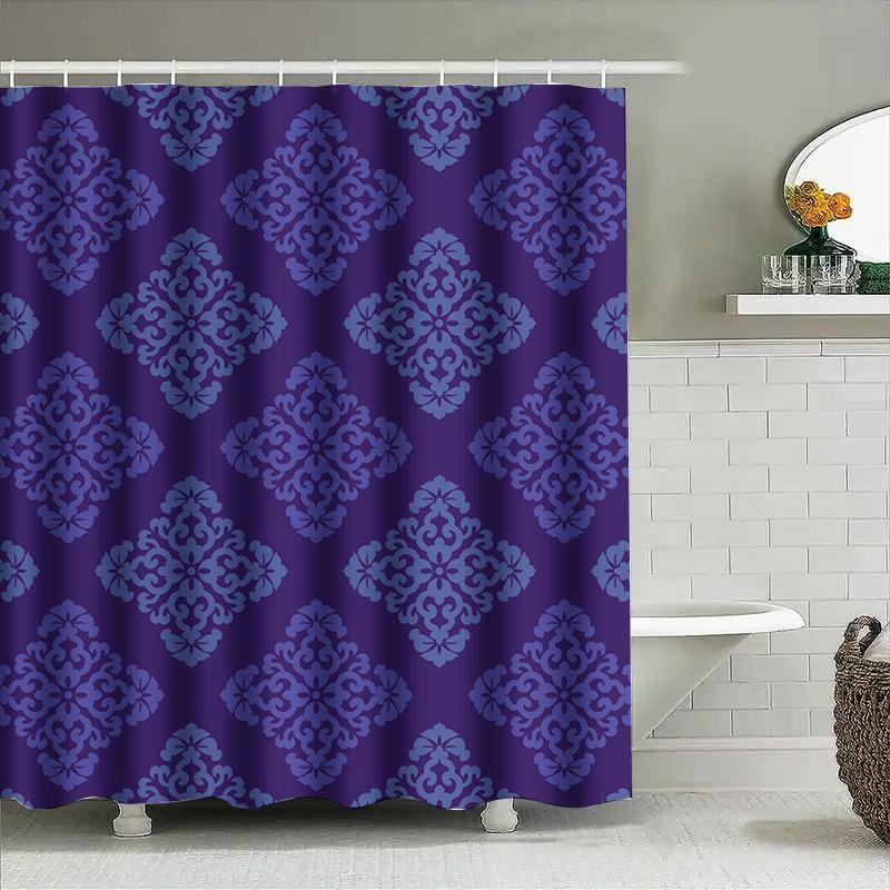 Lila Blå Damask Duschdraperi Set Dekorativ Badrumsmatta Med Krok, 72 X 84 Tum