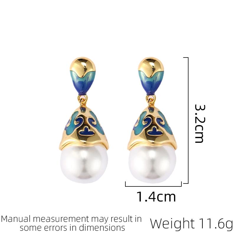 SUYU Jewelry Spring New Grid Enamel Earrings Simulated Pearl Dropping Oil Retro Style Earrings Women's Party Festival Gift