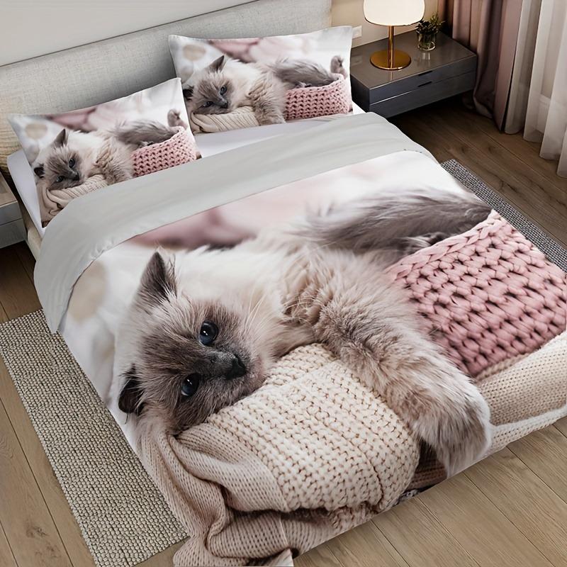 Cat Pattern Print Bedding Set, Black and White Ink Duvet Cover Set with "Dream" Print, Modern Tribal Bedroom Decor