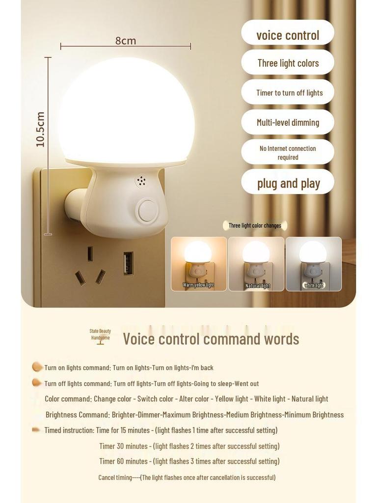 Sound-Activated Smart Night Light for Bedroom, Sleep, Baby Feeding and Bedside Plug-in Lamp