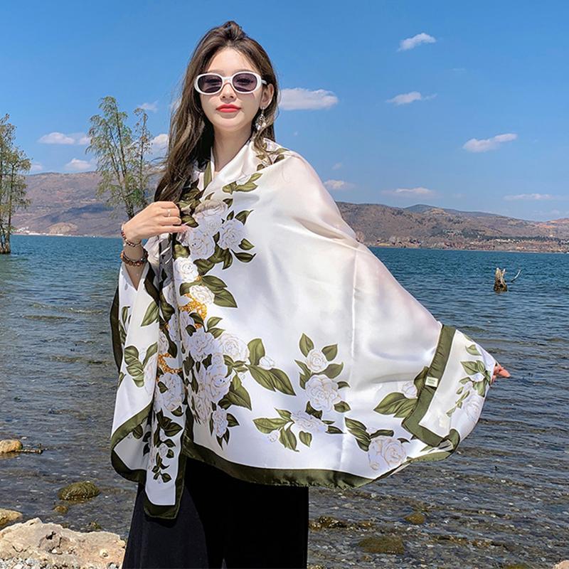 

New Summer Luxury Elegant Women Silk Scarf Beach Long Wrap Shawls Satin Floral Print Bandana Hijab Mujer Scarves Pareo Foulard One Size& 8Y