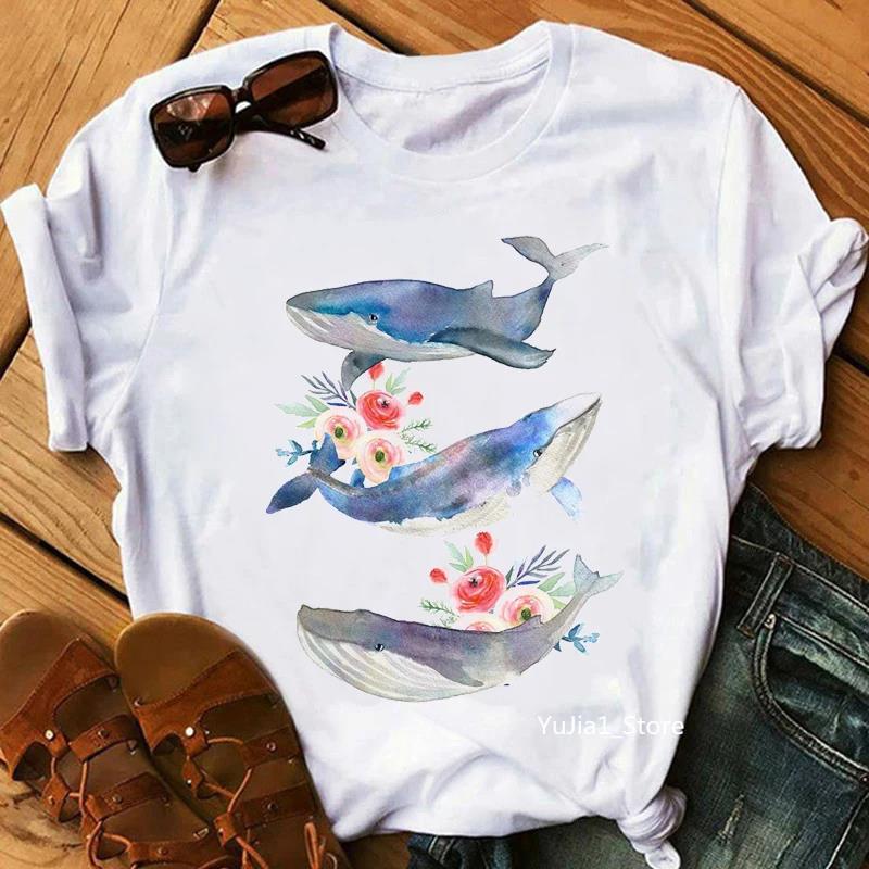 Wen Whale Printed Short Sleeved Tshirt White Watercolor Painting Faith Casual Versatile Neutral Top Home Casual Clothing