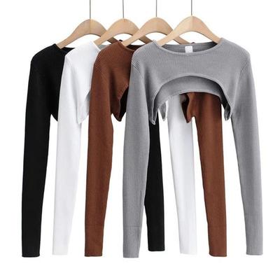 Frauen Crop Top Taille freigelegt Kurze Rundhals Einfarbig Pullover Langarm Weiche Elastische Gestrickte T-shirt Passenden Cover-up Top