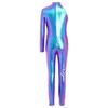 Girls Stage Performance Jumpsuit: Asymmetrical Metallic Mock Neck Mesh Patchwork Back Invisible Zipper Bodysuit Dancewear