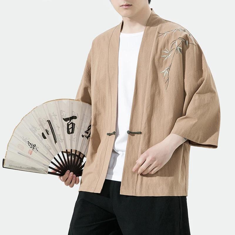 Summer Men's Cardigan Japanese Kimono Samurai Costume Clothing Bamboo Embroidered Kimono Shirt Yukata Haori Casual Coat