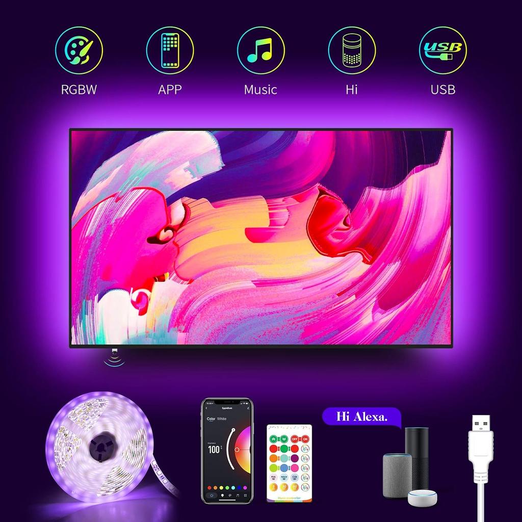 LED Light for 85 Inch TV,19.4Ft USB Smart WiFi TV LED Backlight Sync with Music,RGBW 6500K Bias Lighting,Led Light Strip Compatible with Alexa for