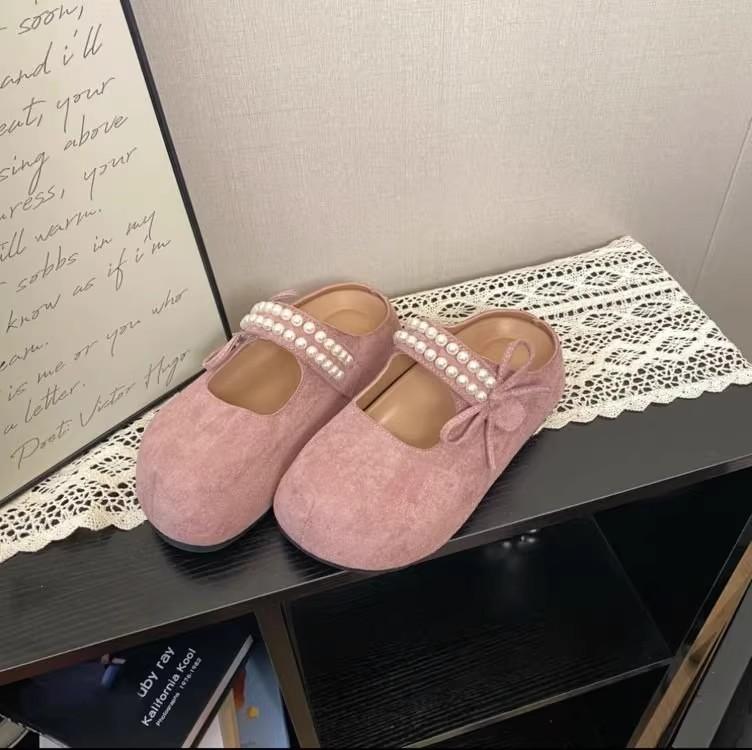 

Small shoes half drag inner height increase pearl bow leak instep super thick sole Mary Jane bag head slippers women 35 рожевий
