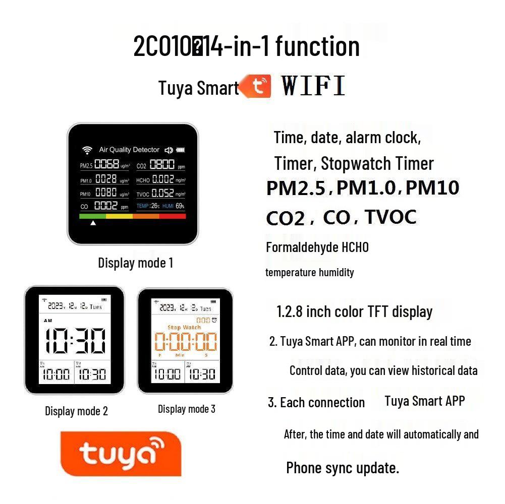 

2CO10 14-in-1 Smart Graffiti APP WiFi Air Quality Monitor: CO2, CO, PM2.5, Formaldehyde, TVOC White Variant