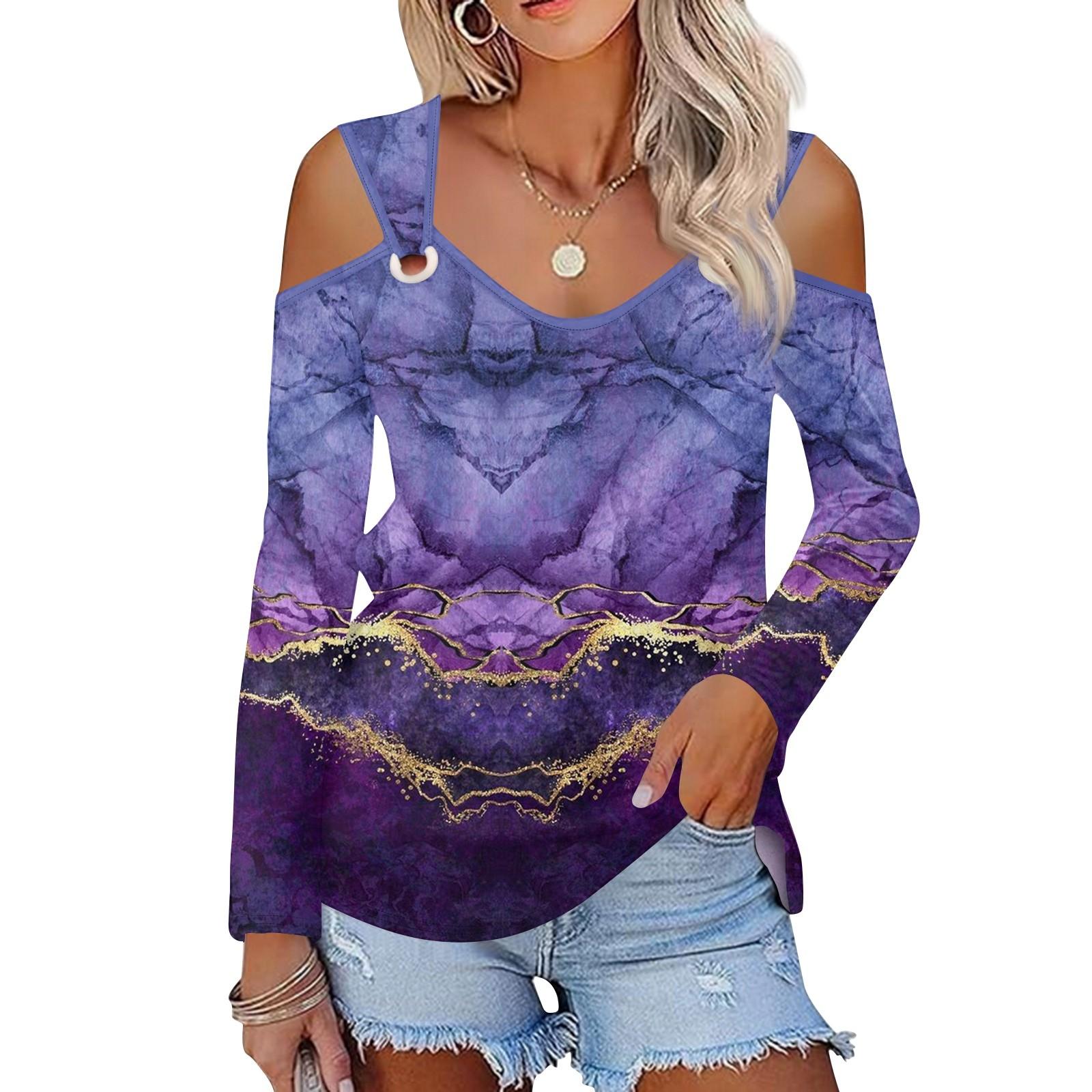 

Жіноча повсякденна блузка-сорочка з принтом і V-подібним вирізом, сексуальний топ із довгими рукавами на плечі XL фіолетовий