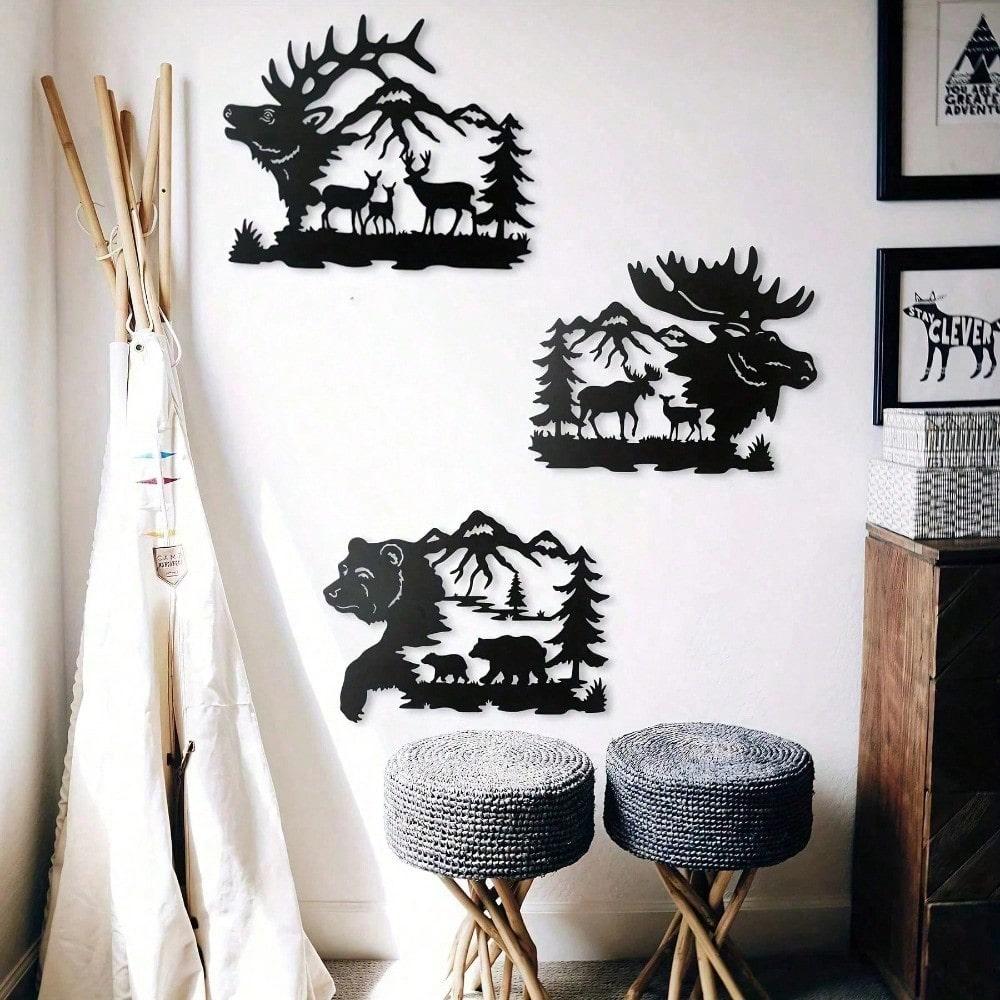 Metal Elk Bear Moose Mountain Forest Silhouette Metal Wall Art Rustic Cabin Outdoor Decor Set