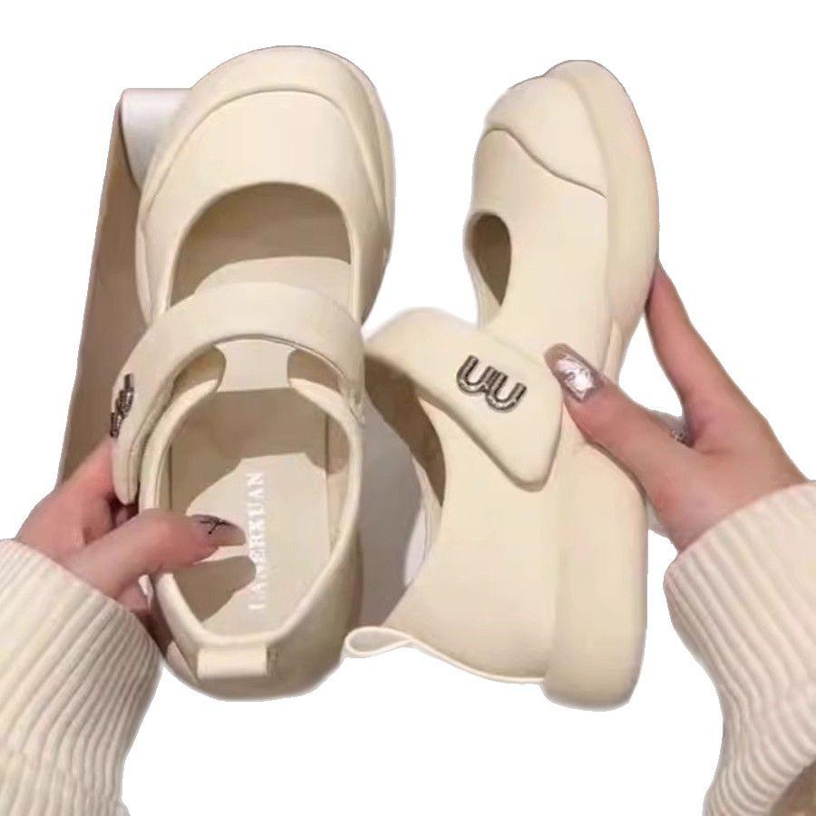 2025 new French Mary Jane shoes women's summer shallow mouth soft sole small fragrant wind student Velcro bag head sandals women
