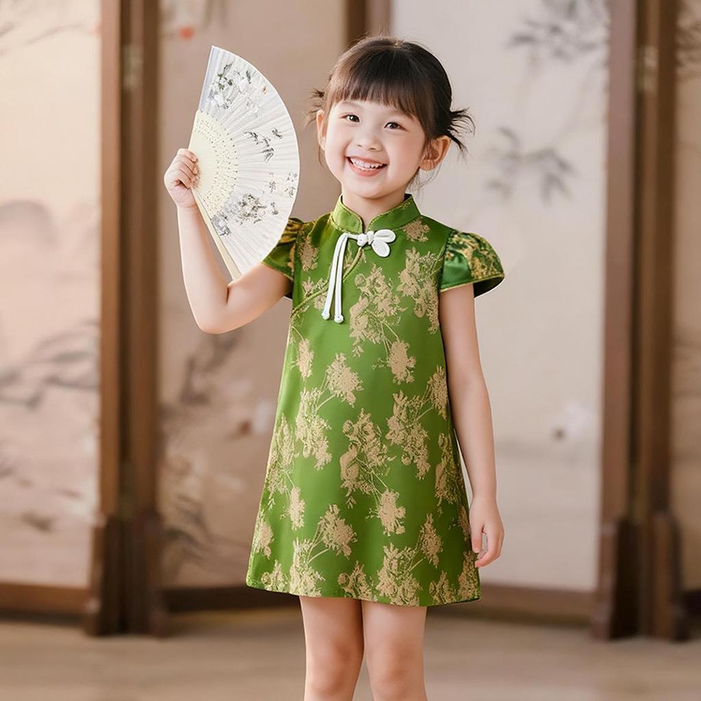 Girls' Sleeveless Tang Suit Dress: Summer Koi & Flower Design