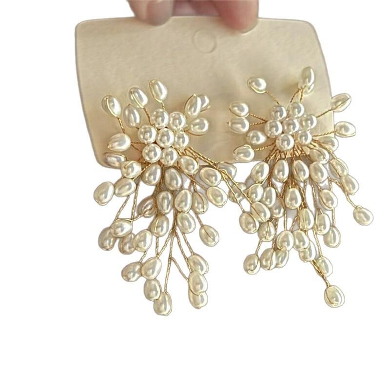 Pearl Waterfall French-style Fireworks Tassel Flower Alloy Earrings Women Trendy Light Luxury Elegant High End Niche Dress