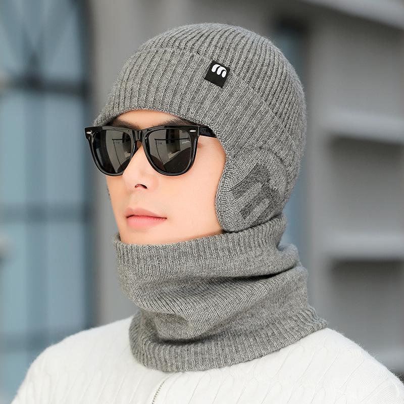 Knitted Hat Men's Winter Thick Letter Warm Cap Scarf Set Big Head Waving Elastic Pullover Cap