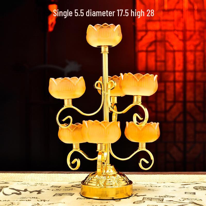 Buddhist Ghee Lamp Holder - Seven Stars Oil Lamp with Lotus Design for Temple Offerings and Everlasting Candle Display.