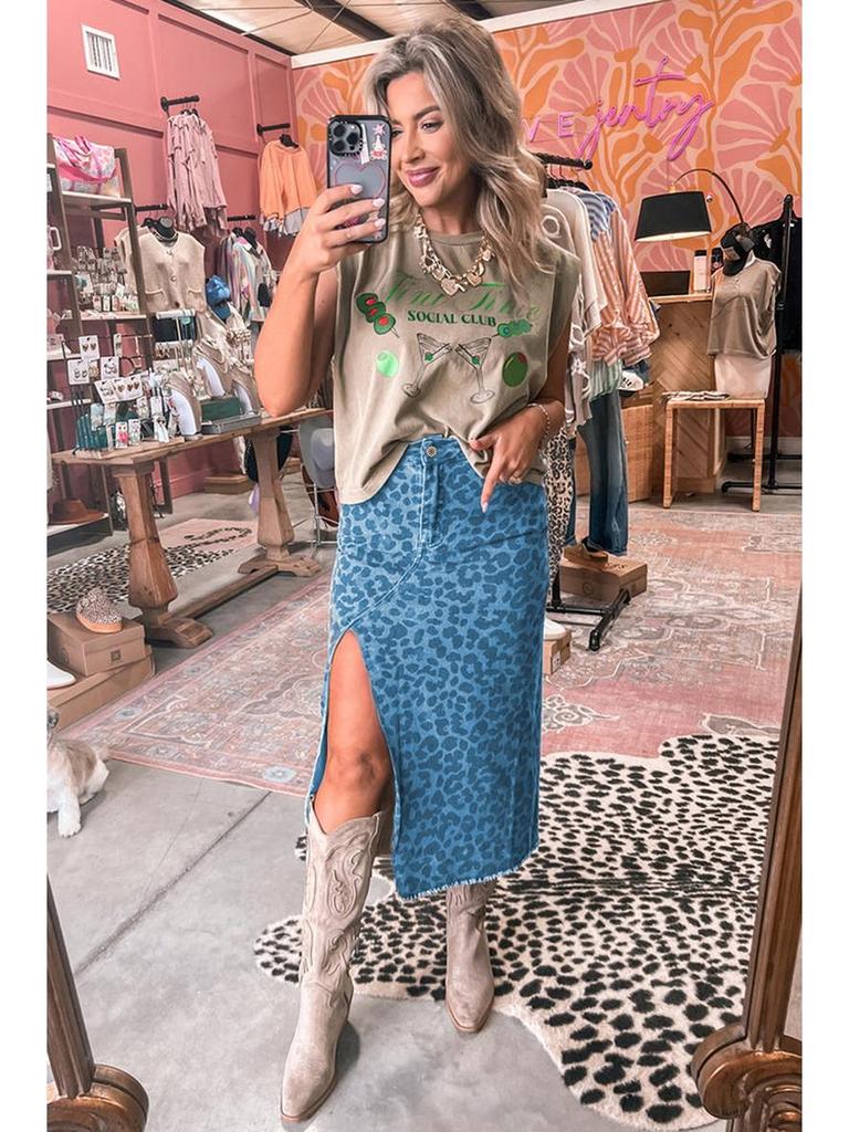 Leopard Print High-Waisted Slit Denim Midi Skirt for Women