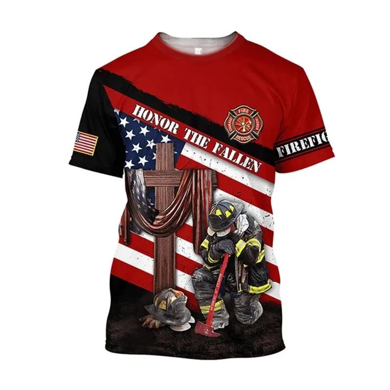Firefighter Fire Simulation Drill Pattern 3D Print Cross-border New Men's Casual Short-Sleeve T-Shirt Factory Direct Sale