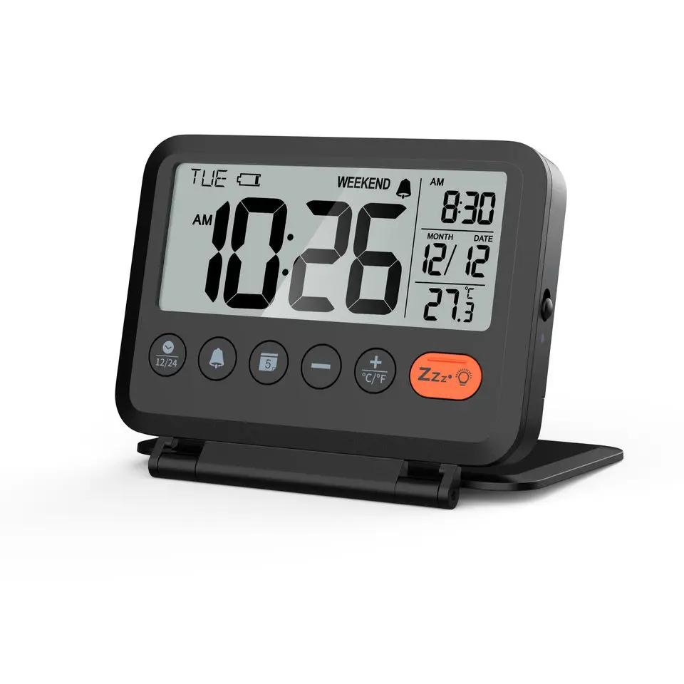Mini Alarm Clock Electronic LCD Digital Travel Alarm Clock with Thermometer Snooze Calendar 12/24H Alarm Clock Desktop Clock