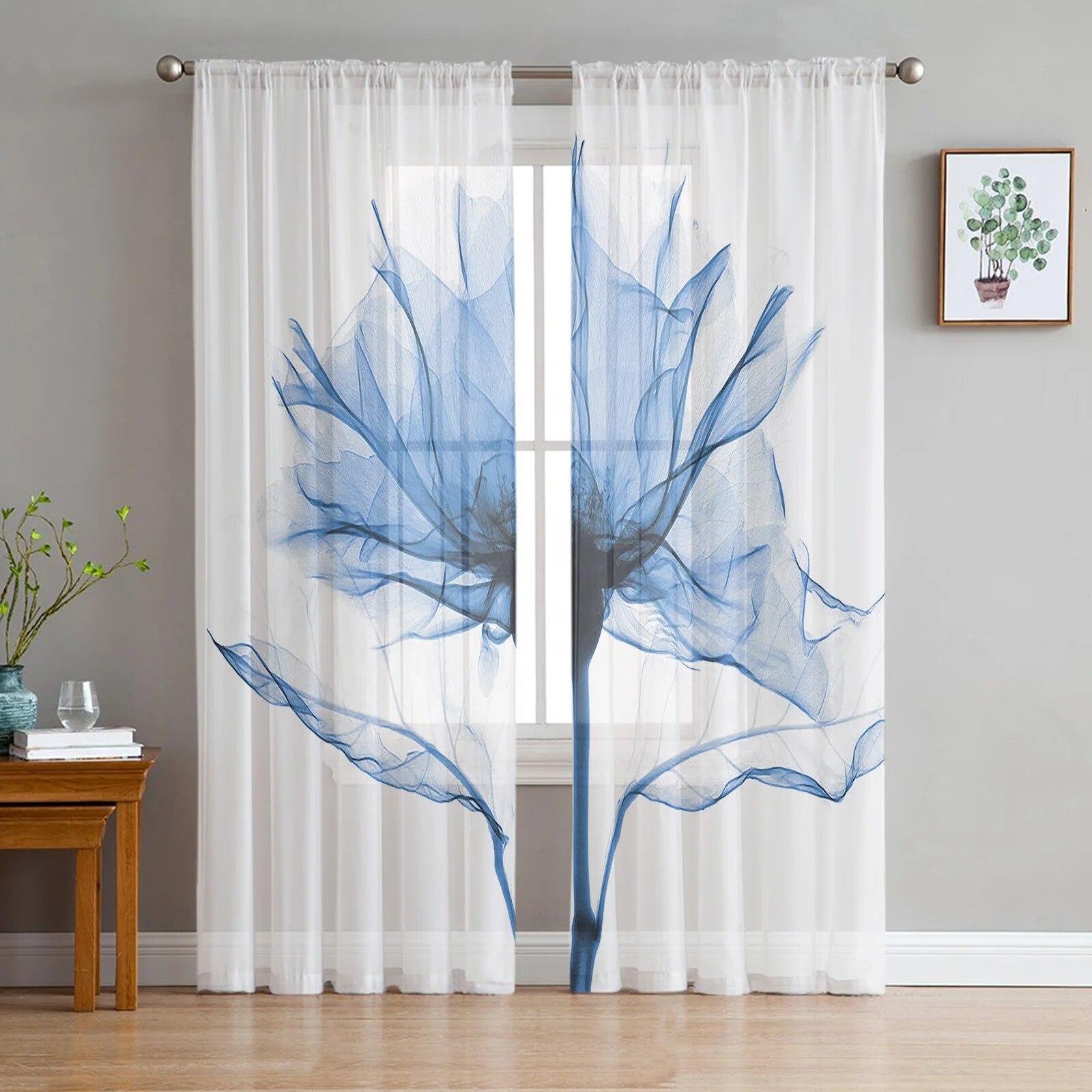 

Синий цветок абстрактные белые тюлевые шторы для гостиной, оконные прозрачные современные шторы для декора спальни 135W x 114H(cm)
