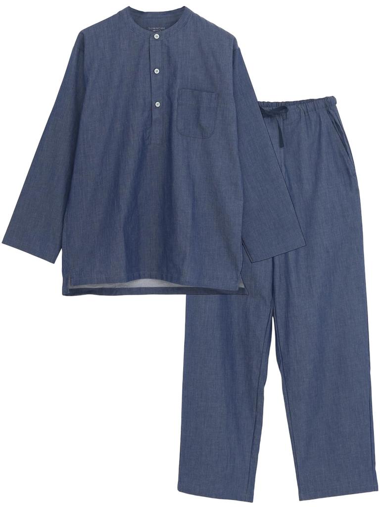 SUIMIN CARE Men's 100% Cotton Denim Pajamas, Made In Japan, Long Sleeve, Half-Sleeve, Front Opening, Spring/Autumn, Blue, Navy, M, L (M, Navy)