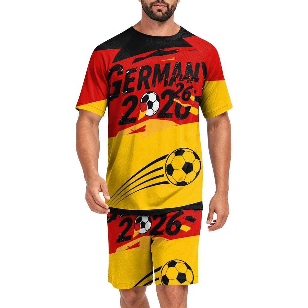 Men's Short Sleeve Top and Shorts Set Lightweight Soft Fabric Casual Sleepwear Printed Sports Style Lounge Pajama Set for Summer
