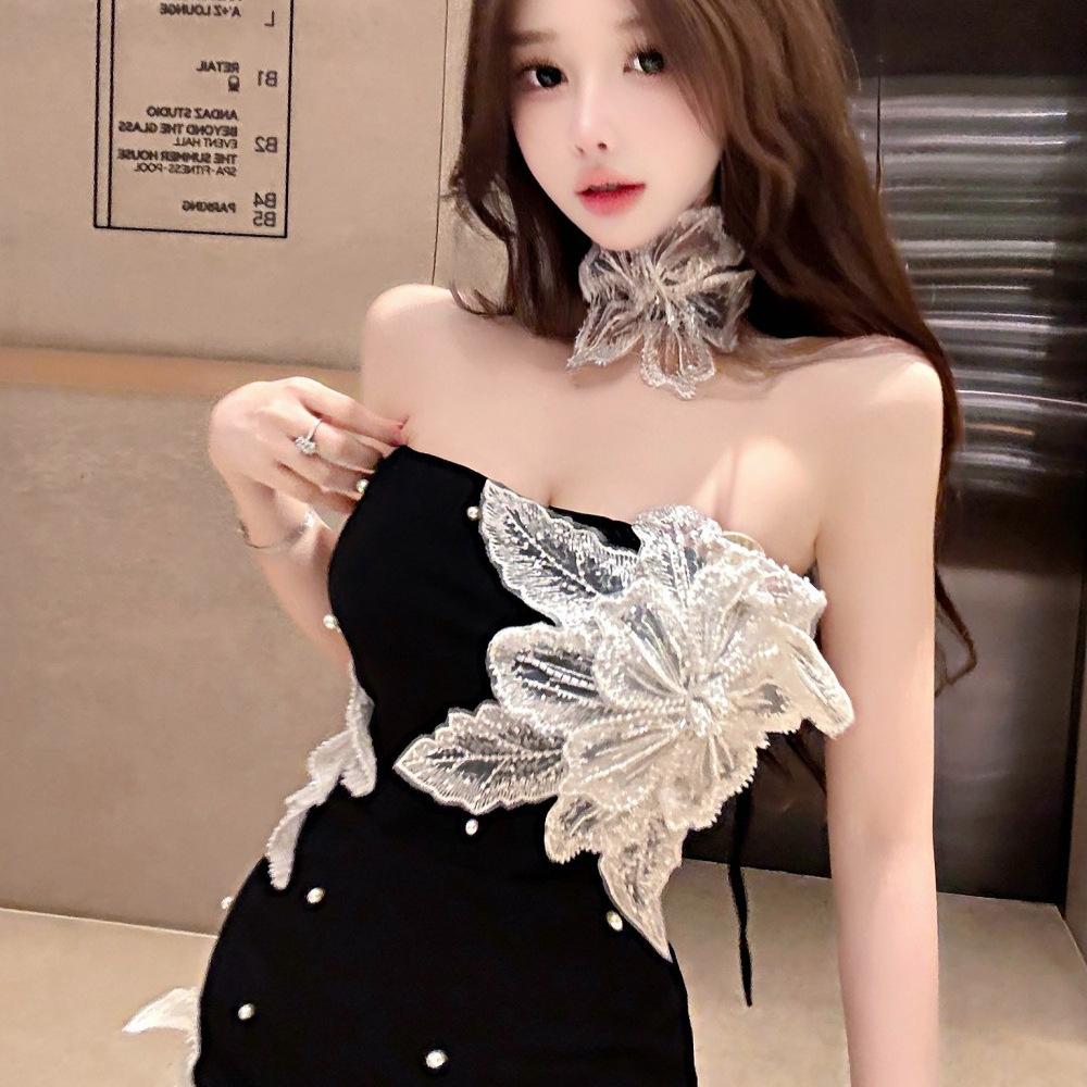 New Temperament Royal Sister High-end Sense Nail Beads Millennials Flower Tube Top Hip Dress Design