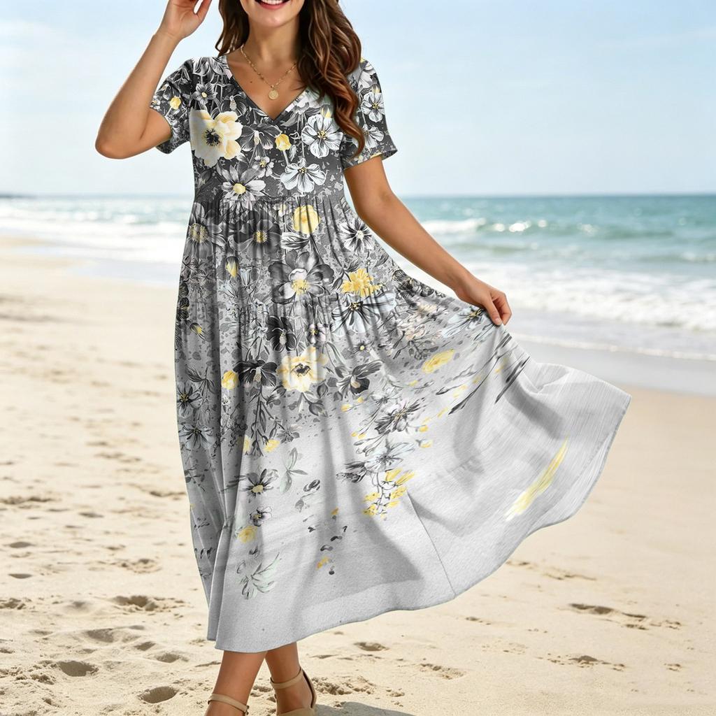 Women Bohemian Style Loose Fit Floral Print V Neck Short Sleeve Casual Dress with Relaxed for Summer Wear