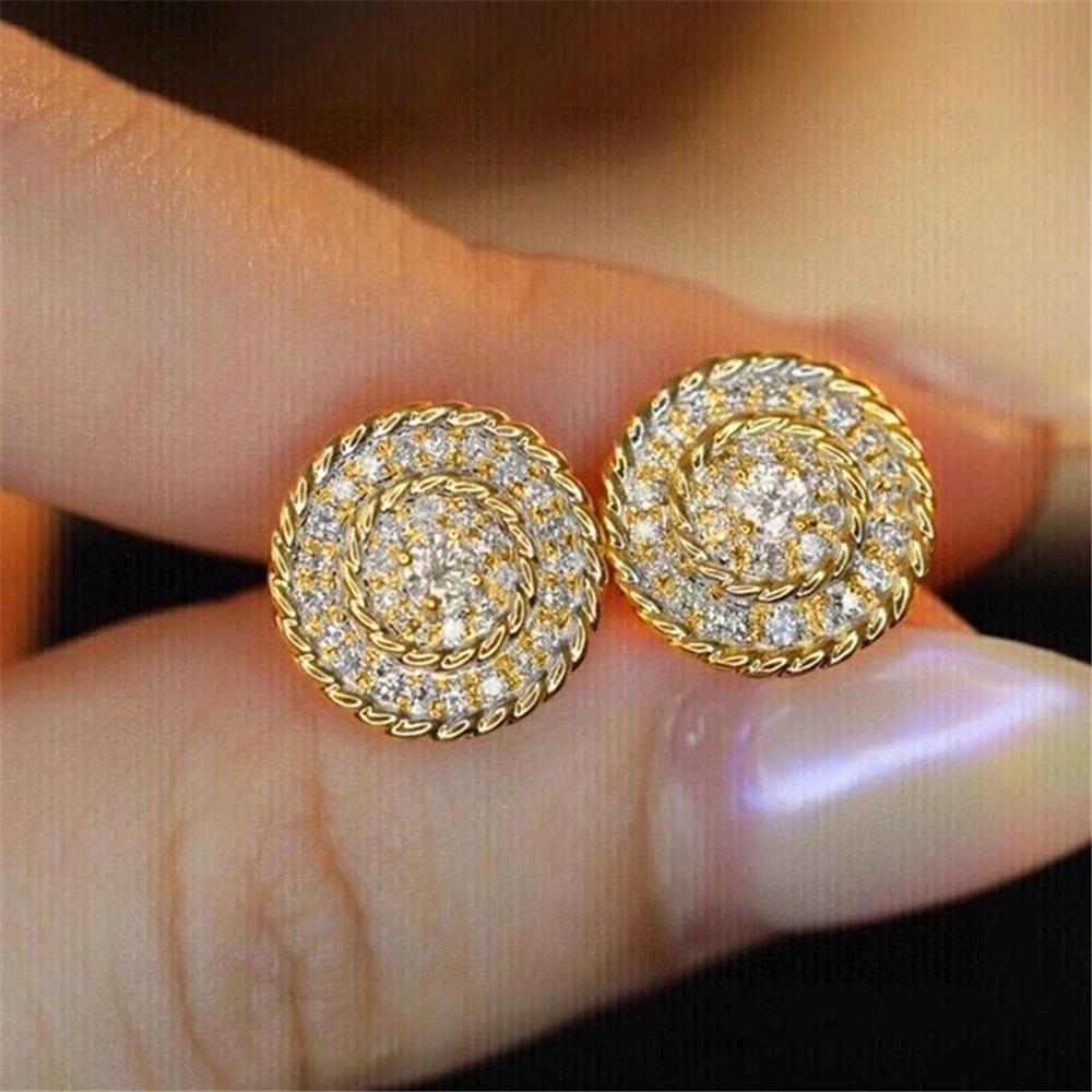 Female Cute Crystal White Zircon Stone Round Stud Earrings Vintage Gold Color Wedding Fashion  For Women